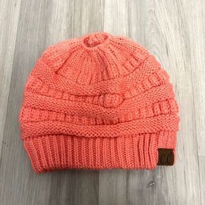 C.C Peachy Orange-Pink Ponytail Cable Knit Winter Beanie Hat